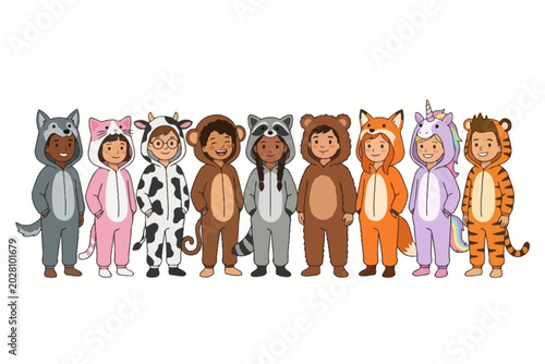 Bild auf Leinwand Children in animal onesies standing in a row on white background