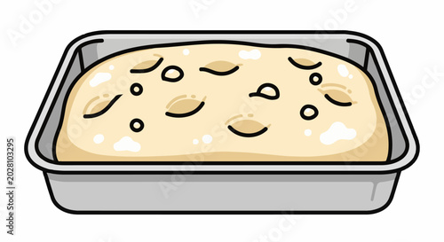 A cartoonish illustration of a baking pan filled with raw bread dough, featuring simple line art