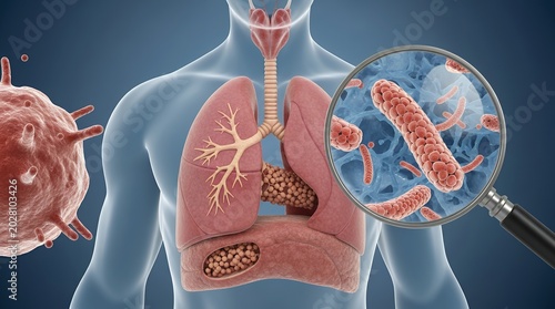 Legionella pneumophila infection in human lungs, 3D illustration