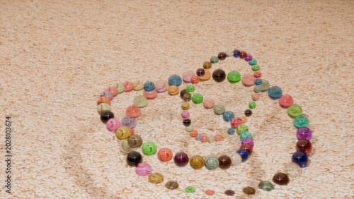Cinematic 3D render of vibrant glowing multi-color diamond gemstones arranged in a loop on dark, moody textured sand with high contrast lighting.