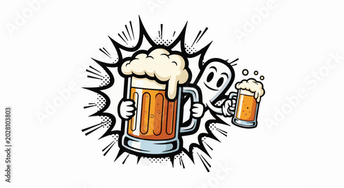 A cartoon ghost holding two frothy mugs of beer, one large, one small