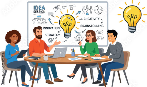 Four diverse professionals brainstorming new ideas and strategies in a collaborative meeting, with a whiteboard displaying innovation concepts and a large lightbulb.