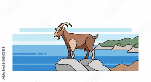 A cartoon goat stands on rocks by the ocean with rolling green hills in the background
