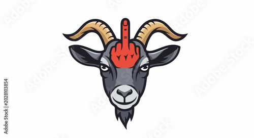 A cartoon goat's head with curved horns, a red middle finger on its forehead