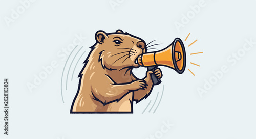 A cartoon gopher with a megaphone announces something