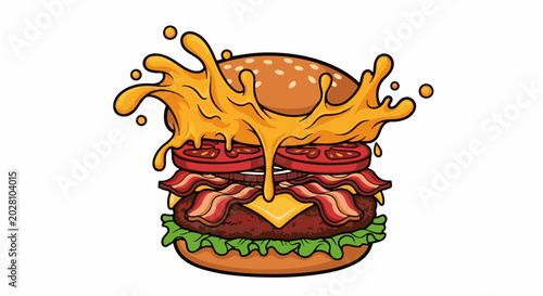 A cartoon hamburger with dripping cheese, bacon, tomatoes, lettuce, and a bun