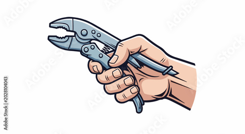 A cartoon hand grips a metallic locking plier tool, ready for work