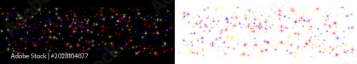Colorful starburst pattern with red, blue, and yellow stars on black and transparent backgrounds for design and decoration purposes