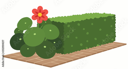 A cartoon hedge with a red flower and round leaves borders a brick path