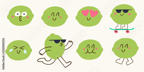 Cute lime character set with various funny emoji faces for kids mobile games and school stickers