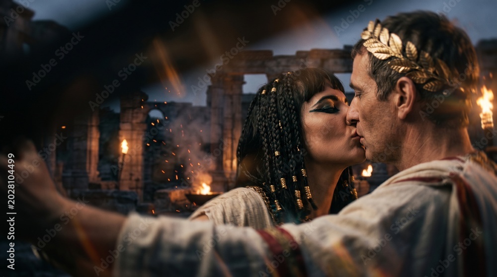 Obraz premium Cleopatra and Caesar kiss amidst ancient ruins and flickering torches