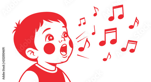 Foto Little boy singing with music notes.