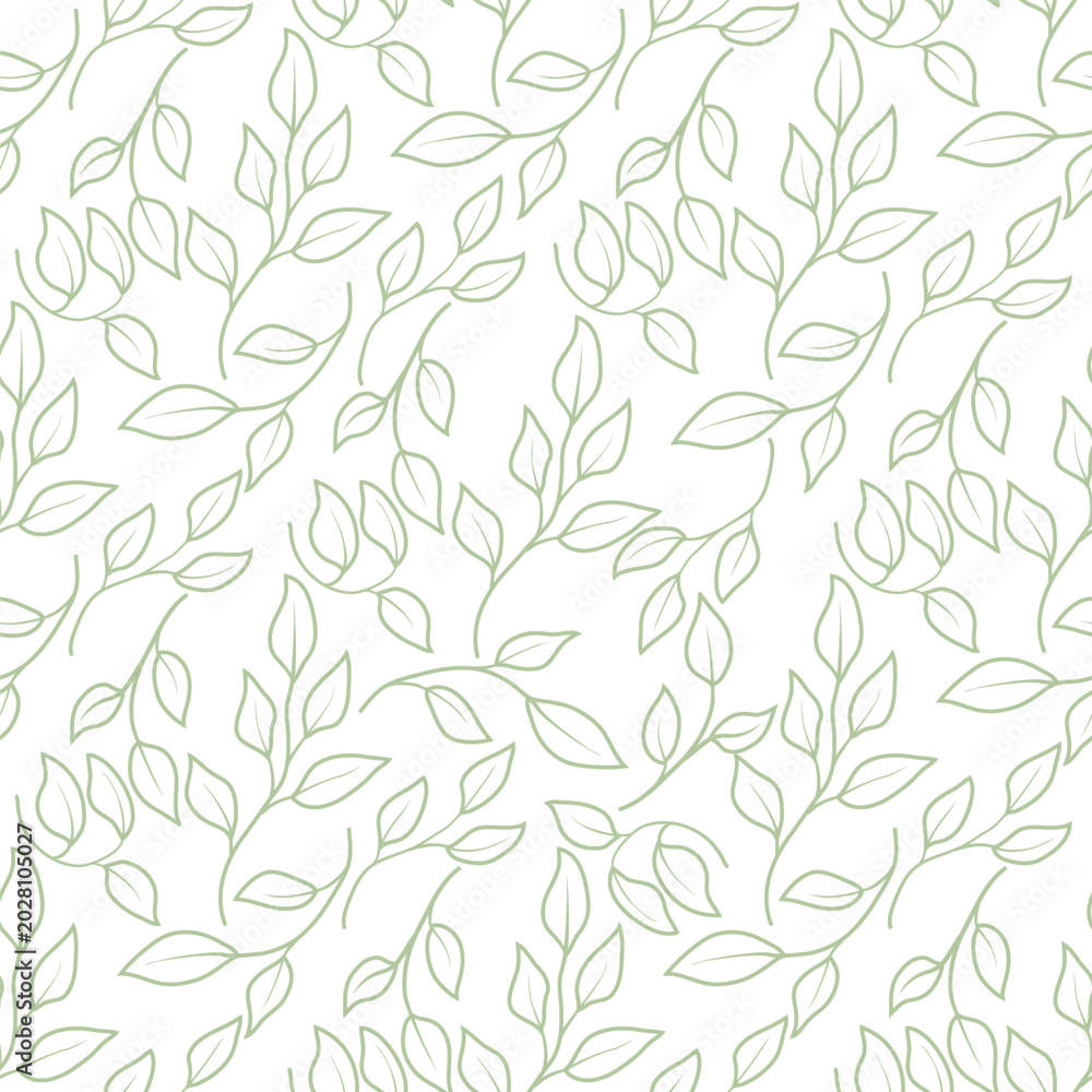 Fototapeta premium Twigs and leaves on a seamless pattern, the sketch is hand-drawn. Vector illustration. Spring flower pattern, isolated on a light background