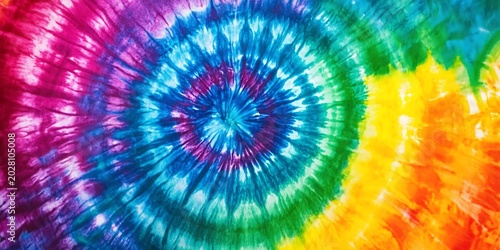 Vibrant tie dye fabric pattern with a swirling rainbow of colors and psychedelic design