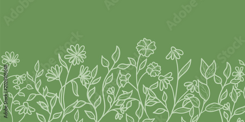 Spring light flowers and twigs with leaves, seamless horizontal border. Vector illustration. The sketch of summer meadow flowers is hand-drawn, isolated on a green background