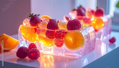 AI Illustration of Frozen Fruits in Ice Dessert, Horizontal Composition