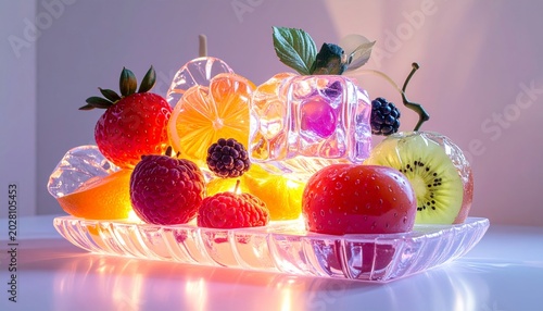 AI Illustration of Frozen Fruits in Ice Dessert, Horizontal Composition