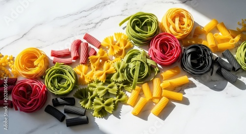 Assorted Colorful Dry Pasta on Marble Surface: Culinary Art
