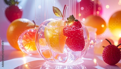 AI Illustration of Frozen Fruits in Ice Dessert, Horizontal Composition