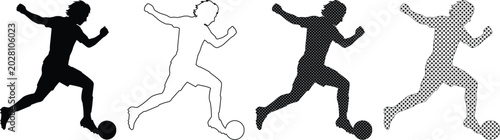 Obraz na plátne サッカー選手シルエットコレクション、ボールを蹴る男性アスリートのベクターイラストセット、スポーツイベントやチームロゴデザインに最適なグラフィック素材