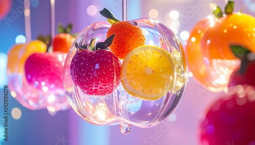 AI Illustration of Frozen Fruits in Ice Dessert, Horizontal Composition