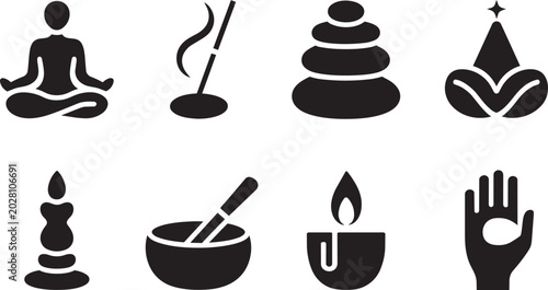 Obraz na plátně Wellness and spa icons set, meditation person, incense, stacked stones, candle,