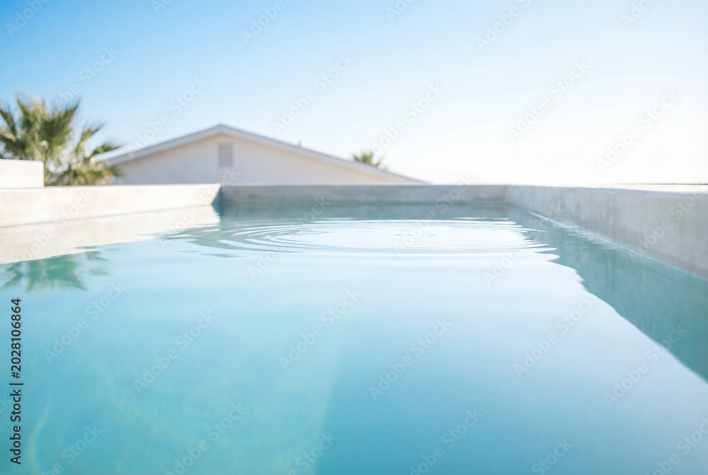 Fototapeta premium Bright blue swimming pool surface reflecting clear sky near a modern white building edge