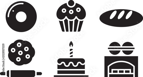 Obraz na płótnie Bakery food icons set donut, cupcake, bread, cookie, cake and oven and design el