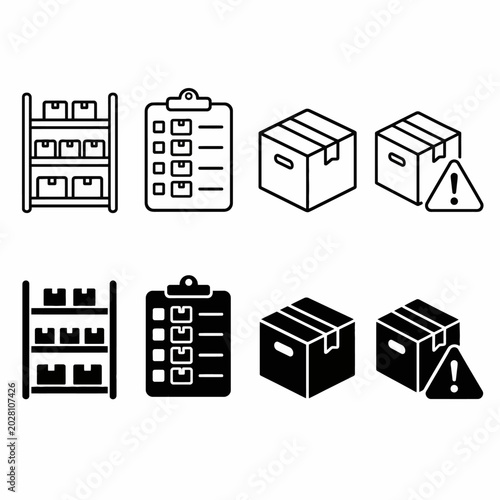 Warehouse inventory icons: shelves, checklist, boxes, alert symbols
