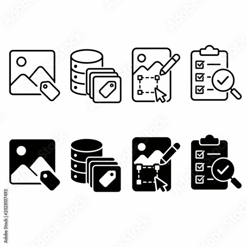 Icon set of image editing and data management tools in black and white