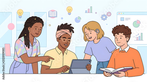 a group of people sitting around a table looking at a tablet