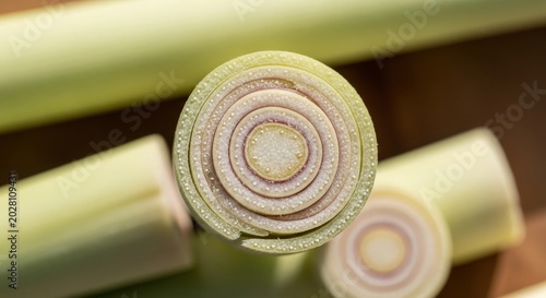 Cross Section Of Fresh Lemongrass Stalk On Wooden Background Aromatic Herb Ingredient Healthy Vegan Food