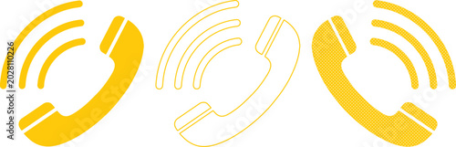 電話アイコンのセット、着信音と通話中の状態を示す3つの黄色いハンドセットベクターイラスト、コミュニケーションとサポートのシンボル