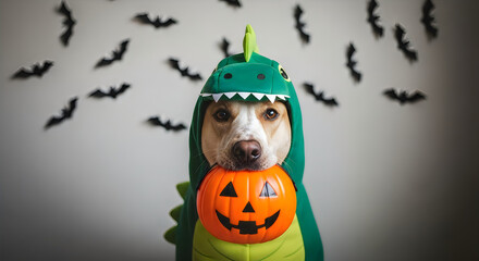 Adorable dog wearing a dinosaur costume and holding a jackolantern for halloween