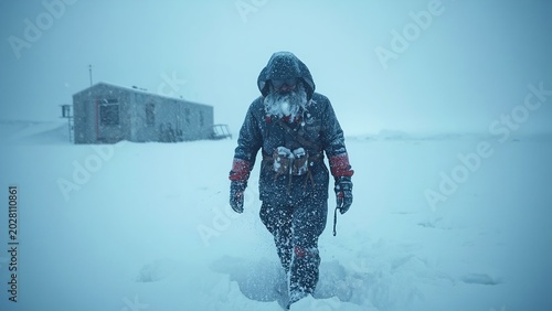 Hyper-realistic polar researcher walking through blizzard near isolated research station, dramatic snowfall motion, realistic frost on clothing and beard