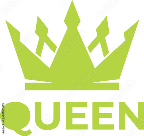Photos 鮮やかなライムグリーンが目を引く、王冠と「QUEEN」の文字を組み合わせたエレガントなベクターイラスト。高貴さ、権力、成功を象徴するデザイン素材。ロイヤリティ、