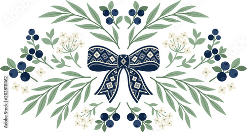 Folk Art Floral Vignette Featuring Geometric Patterned Blue Ribbon Bow Symmetric Olive Leaves White Wildflowers and Blueberry Branches for Wedding and Elegant Card Designs