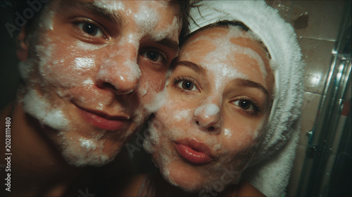 Young couple with foam cleanser on their faces posing together in the bathroom during their skincare routine.