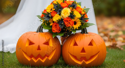 Halloween pumpkins and autumn flowers arrangement for fall seasonal decor and celebrations
