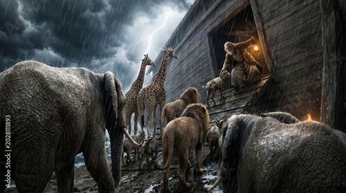 Noah's Ark with animals boarding during a stormy flood