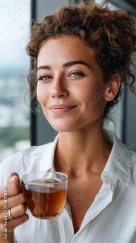 Young Woman Enjoying Tea: A beautiful young woman with curly hair smiles serenely as she holds a cup of tea, enjoying a quiet moment of relaxation by the window.