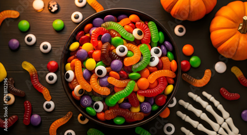 Colorful halloween candy assortment in a bowl with spooky eyeballs and skeleton hand