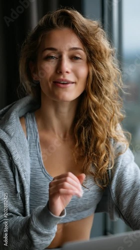 Fit Woman with Curly Hair: A woman with beautiful curly hair, wearing a grey sports bra and hoodie, looking at the camera with a slight smile. She is indoors, possibly at home or a gym.