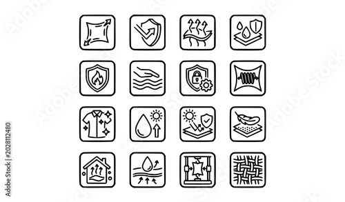 Schilderij op canvas Fabric Properties Line Icons Set with Stretch Windproof and Breathable Textile S