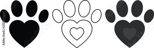 Canvastavla 愛らしい足跡とハートのベクターイラストセット、ペットの愛情と絆を表現する黒とアウトラインデザイン、動物保護やペット関連プロジェクトに最適なグラフィック素材