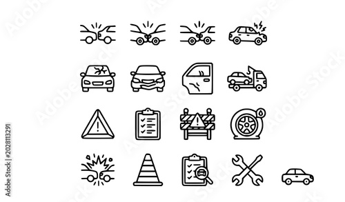 Obraz na plátne Car Accident Line Icons Set with Collision Broken Vehicle and Damage Symbols