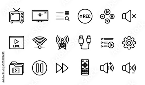 Quadro su tela Editable TV Entertainment Vector Line Icons with Media Playback and Streaming Sy