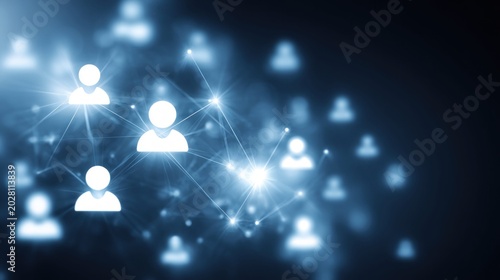 Abstract network of glowing people icons connected by lines and nodes on a dark background