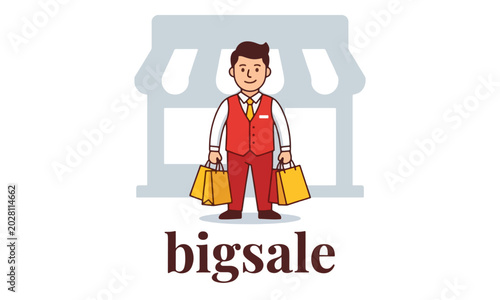 Shopping man character holding bags in front of storefront