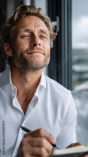 Contemplative Businessman with Pen and Notebook: A handsome, middle-aged businessman in a crisp white shirt gazes thoughtfully out a window, holding a pen and notebook.